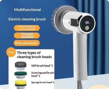 SpinPro cordless electric scrubber with three cleaning brush heads